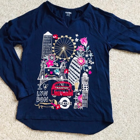 Gymboree Navy Blue London bridge Red Bus Sparkly Sequined Shirt Top Girls 7 8 - Picture 4 of 8